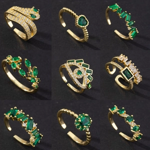 Adjustable Open Rings For Women Vintage Copper Green Zircon Snake Heart Evil Eye Leaf Retro Luxury Niche Jewelry Gift