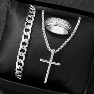 Hip Hop Men Alloy Necklace Bracelet And Ring With Cross Pendant Cuban Chain Fashion Trendy
