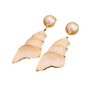 Vintage style seashell pearl drop earrings with gold trim on a clean white background