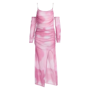 Pink tie-dye mesh maxi dress with thin straps, cold-shoulder sleeves and high side slit