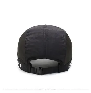 Rear view of black quick-dry baseball cap with breathable mesh and adjustable buckle