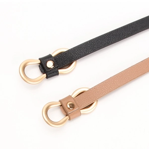 Minimalist black and beige PU leather belts with gold D-ring buckles for dresses