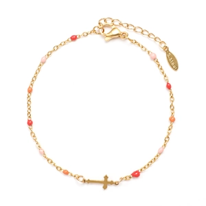 Detail of golden stainless steel bracelet with colorful enamel beads and cross charm