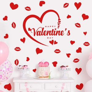 Valentine's Day red heart wall stickers with Happy Valentine's Day text and lip decals