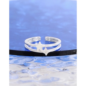 Double-layer S925 sterling silver star ring with zircon and adjustable open design