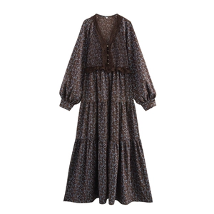 Floral Maxi Dress Smocked V Neck Long Sleeve Chiffon Tiered French Pastoral Elegant Women Brown