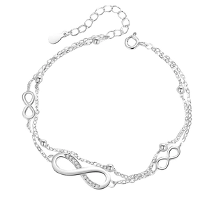 S925 sterling silver infinity symbol bracelet with sparkling cubic zirconia on white background