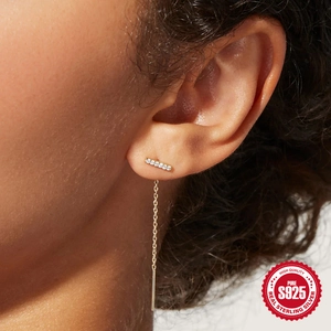 Minimalist S925 sterling silver tassel drop earrings with sparkling zircon row design