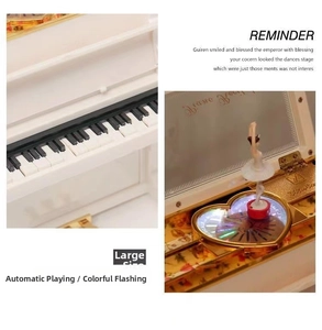 Macro detail of piano music box featuring rotating ballerina and colorful LED lighting