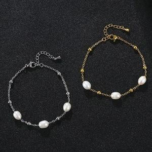 Gold and silver stainless steel beaded bracelets with pearls and adjustable extender chain