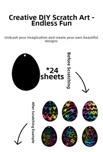 Detailed DIY Easter egg scratch art set including 24 colorful cards and bamboo stylus