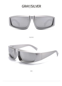 Detail view of silver Y2K punk sunglasses showing side and positive angles in matte finish