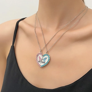 Friendship heart split necklace with pink and blue crystals and Best Friend engraving