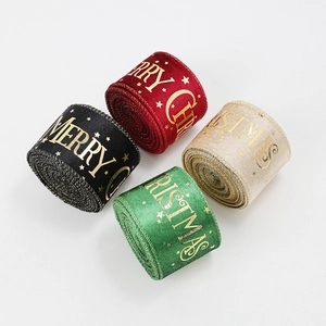 Velvet Christmas ribbons with gold Merry Christmas print in red, black, beige, and green