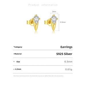 Detail showing S925 silver pear cut zircon earrings with dimensions and weight info