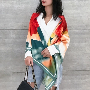 Colorful floral silk shawl scarf 130cm worn on shoulders with artistic oil painting style