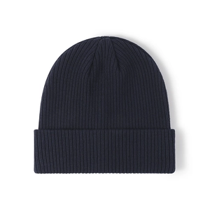 Navy blue ribbed knit beanie hat for men and women with a folded cuff design
