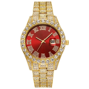 Iced-out gold hip hop watch featuring a red Roman numeral dial and luxury crystal bezel
