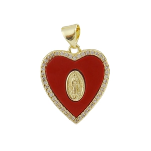 Detailed view of red heart pendant with Virgin Mary relief and white zircon inlay