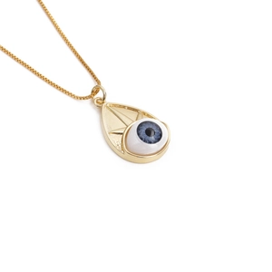 Gold evil eye water drop pendant necklace with blue eye center and radial texture