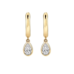 Luxurious 18K gold hoop earrings with pear-shaped clear zircon drop pendants in a sleek design