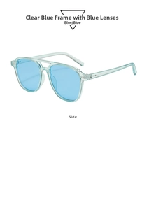 Side view of transparent blue aviator sunglasses with retro double bridge design