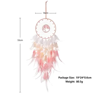 Detail view of pink dream catcher showing life tree weave, soft feathers and size dimensions