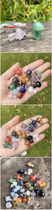 Detailed close-up of 2cm mushroom-shaped natural crystal pendants in various gemstones