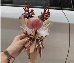 Detail of DIY Christmas reindeer antler decoration on a red apple gift bouquet