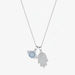 Evil Eye Hamsa Hand Pendant Necklace 925 Sterling Silver Pave Cubic Zirconia Blue Stone Amulet Jewelry For Women