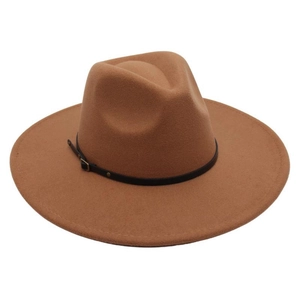 Detail of camel wool felt fedora featuring a black leather belt strap and gold buckle