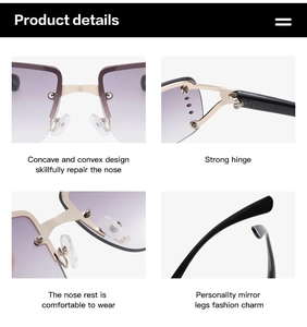 Detail view of purple gradient lenses and gold metal hinges on rimless sunglasses