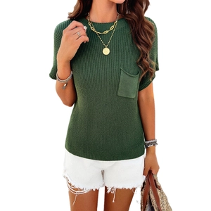 Women short sleeve knit top in green with chest pocket and crew neck design