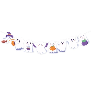 Cute Halloween ghost banner with pumpkin, witch hat and bat party decorations for doors