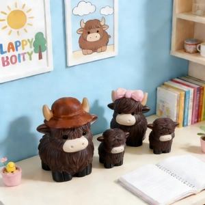 Detailed view of four highland cow resin figures with fluffy texture and cute accessories