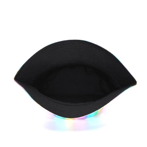 Holographic reflective bucket hat with iridescent gradient finish and black interior lining