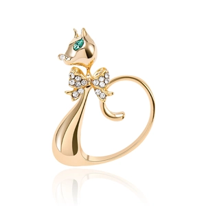 Golden alloy long-tail cat brooch with sparkling rhinestones and green crystal eyes