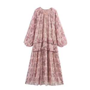 Pink paisley print layered chiffon dress with lantern sleeves and tiered skirt details