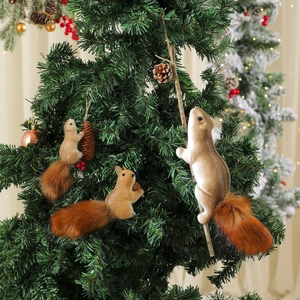 Christmas Tree Hanging Ornaments Simulated Squirrel Faux Fur Flocking With Natural Pine Cone Realistic Animal Festive Decor