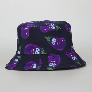 Reversible navy blue bucket hat featuring cute cartoon eggplant prints with funny faces