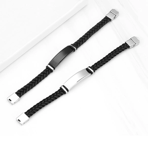 Pair of retro punk braided leather bracelets with black and silver stainless steel buckles