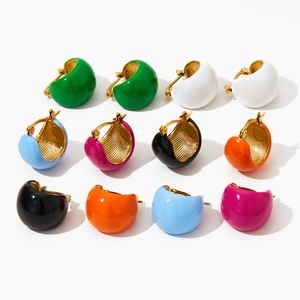 Colorful C-shaped enamel hoop earrings in six vibrant shades with golden metal interior
