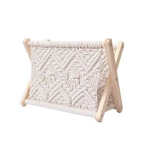 Bohemian woven cotton rope magazine rack with folding wooden frame for home decor