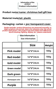 Detailed size chart for Christmas ball sets in 16x8x24cm plastic gift packaging boxes