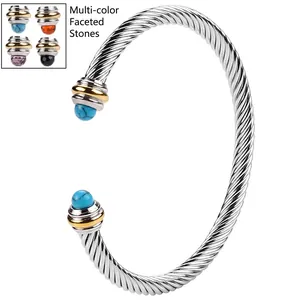Adjustable stainless steel cable twist bracelet with turquoise beads and gold accents