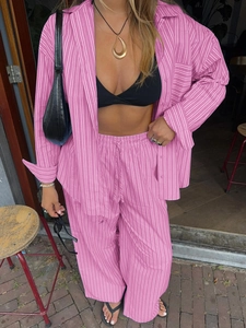 Women's pink striped long sleeve shirt and loose pants casual set for vacation wear