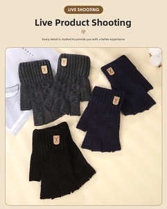 Flat lay of knit fingerless alpaca wool gloves in four colors with deer head leather patch