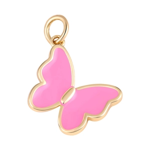 Detailed close-up of pink enamel butterfly charm with gold edges for jewelry making