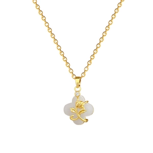 Titanium steel rose flower clover necklace with shell inlay and crystals for women
