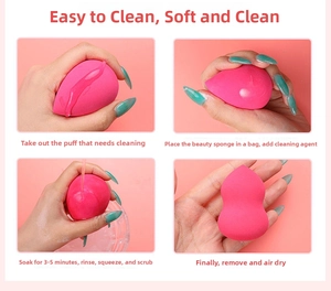 Step-by-step cleaning guide for fuchsia water-drop and gourd makeup sponges